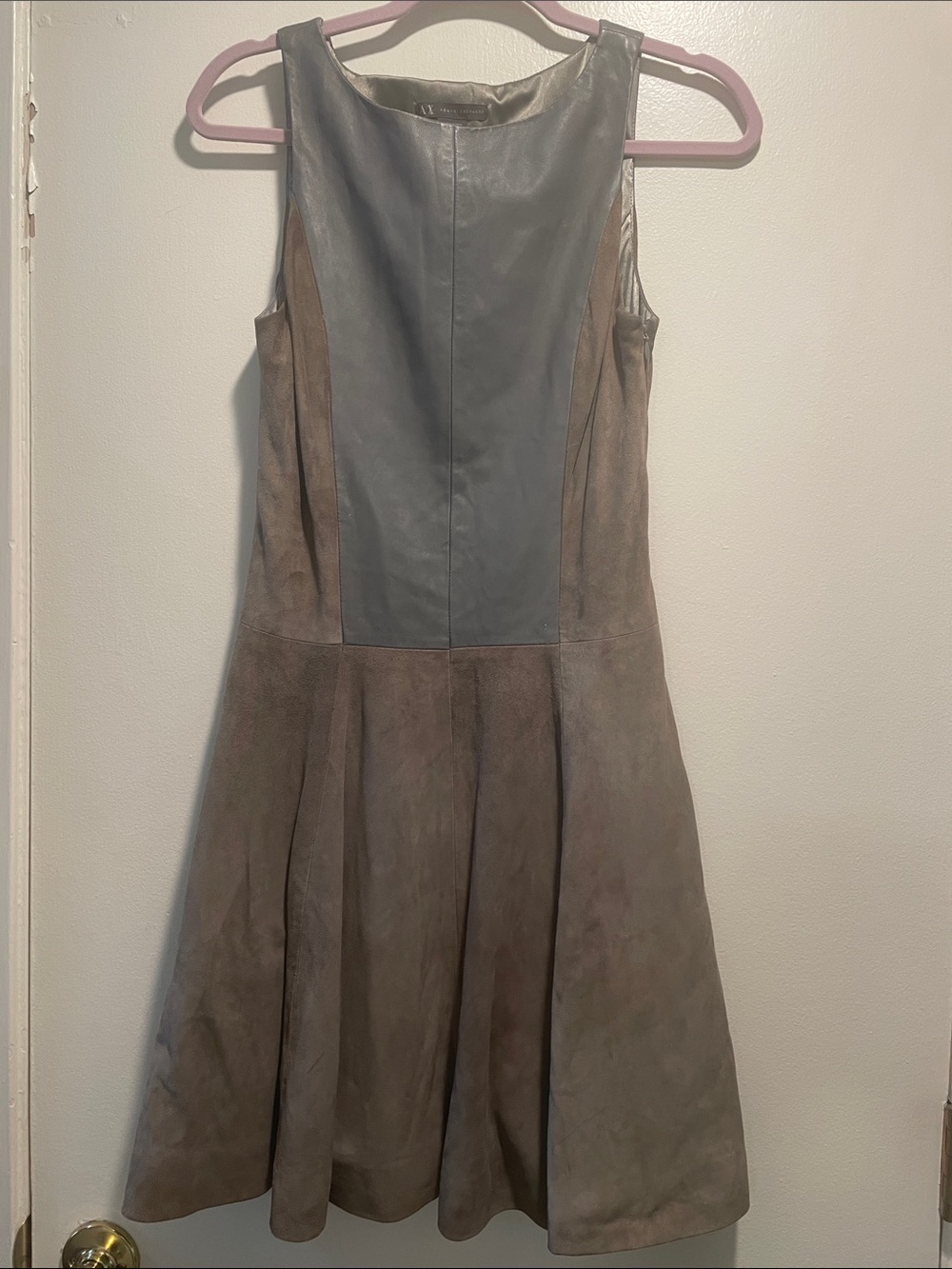 Armani Exchange Two-Tone Taupe a
Gray Goat & Lamb Leather Skater Lined Midi Dres
